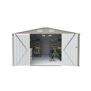 10x14 Ft Outdoor Metal Storage Shed with 3 Lockable Doors, 4 Air Vents & Sloped Roof, Heavy-Duty Utility Garden Tool Shed with Reinforced Frame
