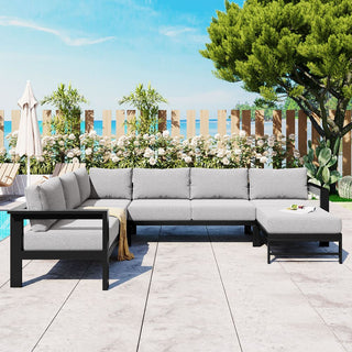 U-Shaped All Weather Patio Sectional Sofa Set, 5-6 Seater Outdoor Conversation Couch with 5.9" Thick Cushions & Heavy Duty Iron Frame for Garden Backyard Poolside