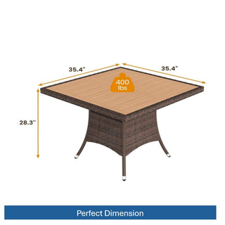 1-Piece All-Weather Brown Square Rattan Patio Dining Table with Acacia Wood