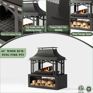 40" Wood Burning Fireplace, 50000 BTU Steel Fire Pit, Wood Burning Chimney for Outside Patio Deck Garden Backyard-Black
