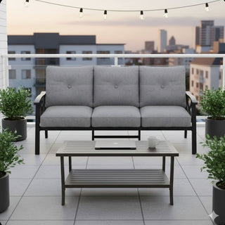 2 Piece Outdoor Patio Set, 70 Inches All-Weather Metal 3-Seat Metal Patio Sofa and Rectangular coffee Table, With Cushions & Frame