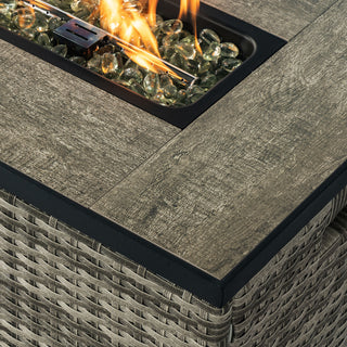 32" Propane Gas Fire Pit Table with Propane Tank Cover 2-Pieces, 50000 BTU Rectangular Steel Fire Pit with Beautiful Wicker Base for Outside Garden-Beige/Dark Gray