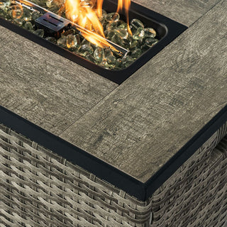 32" Propane Gas Fire Pit Table with Propane Tank Cover 2-Pieces, 50000 BTU Rectangular Steel Fire Pit with Beautiful Wicker Base for Outside Garden-Beige/Dark Gray