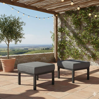 Set of 2 24" Aluminum Patio Ottomans with Dark Gray Cushions, All-Weather Footrests