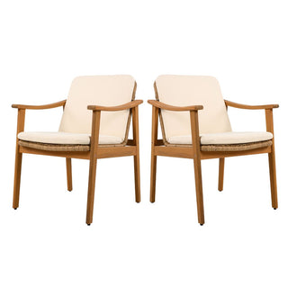 Outdoor Dining Chairs Set of 2, Teak Color Acacia Wood Frame, Brown PE Wicker, Grey Waterproof Cushion