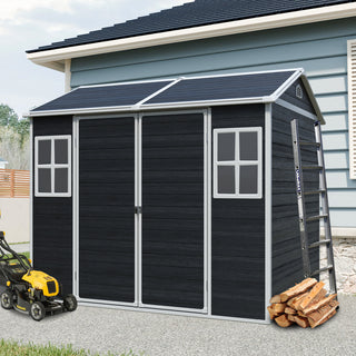 8 x 6 ft Resin Outdoor Storage Shed Waterproof Shed with Floor & Two Windows & Lockable Door, Tool Shed for Garden, Patio, Backyard,Grey/Black/White+Gray/Brown