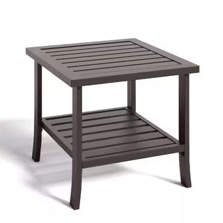 19" Square Black/Brown Metal Outdoor Side Table, 2-Tier All-Weather Patio End Table