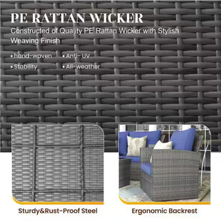 4-Piece Wicker Patio Conversation Set With Glass Table and Blue/Black/Gray Cushions