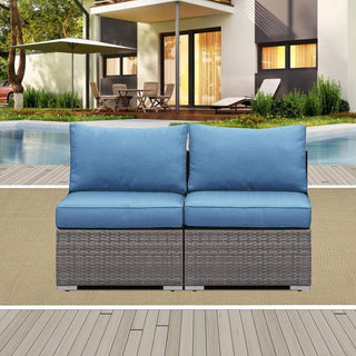 59.8"Width Outdoor Wicker Armless Sofa Set, 2-Piece Patio Loveseat Set with Blue Cushions