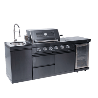 46-Inch Deluxe Outdoor Kitchen BBQ Island Grill, 4-Burner 72,000 BTU Stainless Steel with Wine Cooler, Refrigerator, Rotisserie Kit, Granite Countertop & Sink