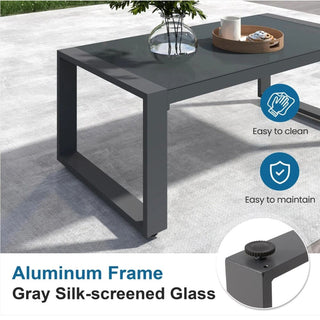 44" x 22" All-Weather Aluminum Outdoor Gray Coffee Table with Tempered Glass Top