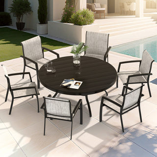 Outdoor Round Patio Dining Table for 6-7 – All-Weather Metal Table with Umbrella Hole for Deck, Lawn & Garden