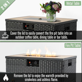 32" Propane Gas Fire Pit Table with Propane Tank Cover 2-Pieces, 50000 BTU Rectangular Steel Fire Pit with Beautiful Wicker Base for Outside Garden-Beige/Dark Gray