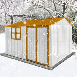Mondawe 10ft x 8ft Metal Garden Storage Shed with Window, White+Yellow/White+Coffee Outdoor Tool Shed for Backyard