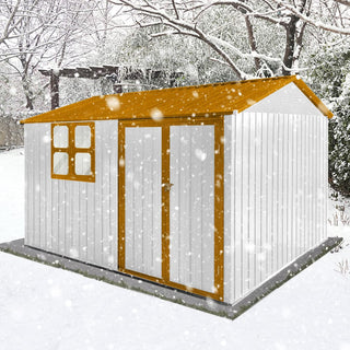 Mondawe 10ft x 8ft Metal Garden Storage Shed with Window, White+Yellow/White+Coffee Outdoor Tool Shed for Backyard