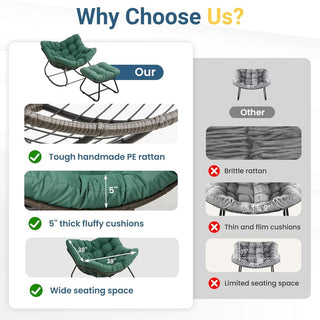 Dark Gray/Light Gray/Green Egg Rocking Chair with Ottoman, All-Weather Wicker Lounge & Cushions