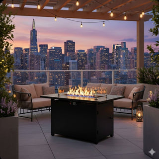 43”Width Outdoor 2-in1 Black Gas Fire Pit Table with Lid & Glass Shield, 50000 BTU CSA Certified Propane Gas Fire Pit, Rectangular Fire Table w/Stainless Burner, Lava Rock, Waterproof Cover