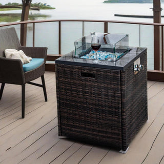 24" Propane Gas Fire Pit Table, 50000 BTU Square Fire Pit, Tile Tabletop with Beautiful Wicker Base for Outside Patio Deck Garden Courtyard-Espresso