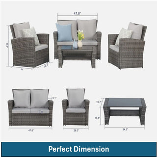 4-Piece Wicker Patio Conversation Set With Glass Table and Blue/Black/Gray Cushions