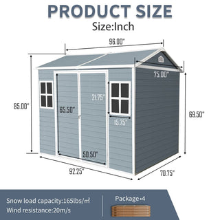 8 x 6 ft Resin Outdoor Storage Shed Waterproof Shed with Floor & Two Windows & Lockable Door, Tool Shed for Garden, Patio, Backyard,Grey/Black/White+Gray/Brown