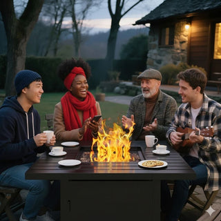 30”Width Outdoor 2-in1 Black Rattan Look Fireplace Table, 50000 BTU CSA Certified Propane Square Gas Fire Pit Table with Stainless Burner, Lid, Lava Rocks and Waterproof Cover