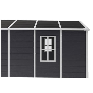 8X8 FT resin storage shed, high quality pp material with Lockable Door, strong structure, waterproof, rust and UV proof, large storage space, 12mm thick pp board, HD window lighting