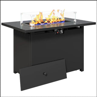43”Width Outdoor 2-in1 Black Gas Fire Pit Table with Lid & Glass Shield, 50000 BTU CSA Certified Propane Gas Fire Pit, Rectangular Fire Table w/Stainless Burner, Lava Rock, Waterproof Cover