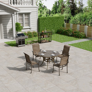 5-Piece Cast Aluminum Patio Dining Set with 4 Textilene Chairs  + 48-Inch Round Table with Umbrella Hole - Weather-Resistant Outdoor Set