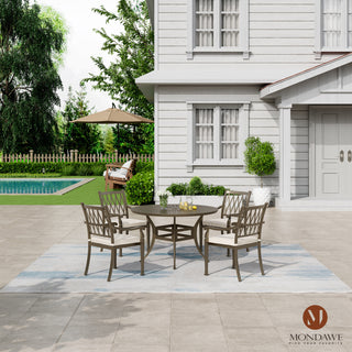 5-Piece Outdoor Patio Dining Set, Cast Aluminum 48" Round Table with Umbrella Hole and 4 Upholstered Chairs