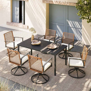 7-Piece Outdoor Patio Dining Set with 6 Swivel Cushioned Chairs & Iron Slat Table with Umbrella Hole for Backyard & Garden