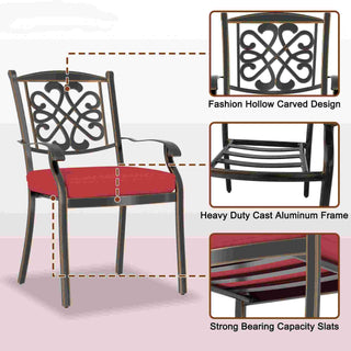 Red/Beige 4-Piece Cast Aluminum Patio Dining Chairs with Diagonal-Mesh & Vine Backrest