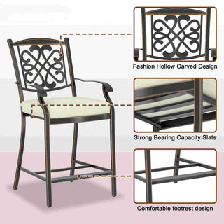 4-Piece Cast Aluminum Patio Bar Dining Chairs with Diamond-Mesh Curved Backrest – Red/Beige