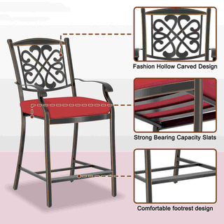 4-Piece Cast Aluminum Patio Bar Dining Chairs with Diamond-Mesh Curved Backrest – Red/Beige