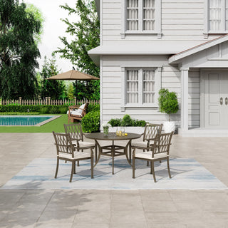 5-Piece Outdoor Patio Dining Set, Cast Aluminum 48" Round Table with Umbrella Hole and 4 Upholstered Chairs