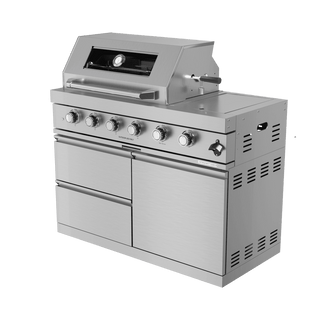 97-Inch 4-Burner 72000 BTU Outdoor Kitchen Island Grill | Stainless Steel BBQ with Wine Cooler, Rotisserie, Granite Countertop & Storage
