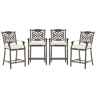 4-Piece Cast Aluminum Patio Bar Dining Chairs with Diamond-Mesh Curved Backrest – Red/Beige