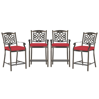 4-Piece Cast Aluminum Patio Bar Dining Chairs with Diamond-Mesh Curved Backrest – Red/Beige