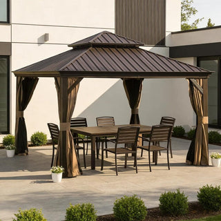 Hardtop Gazebo with Galvanized Steel Double Roof, Metal Gazebos with Drainage System Patio Pergola for Patio Deck Backyard,Curtain and Netting