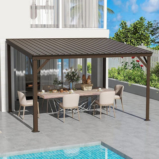 10x12 FT Lean to Gazebo, Outdoor Hardtop Wall Mounted Gazebo with Sloping Galvanized Steel Roof, Upgraded Heavy Duty Mounted Shelter with Drainage