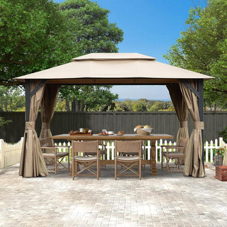 10X14 FT Outdoor Gazebo With Double Roofs, Privacy Curtains, Mosquito Nettings, Heavy Duty Metal Frame Party Tent Canopy