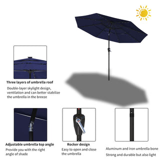 10FT 3-Tier Solar LED Patio Umbrella with Tilt & Crank, Aluminum Market Umbrella for Backyard, Deck & Garden