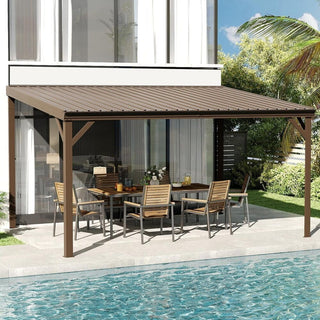 10X14 FT Lean To Gazebo With A Sloped Galvanized Steel Roof, Upgraded Heavy-Duty Mounted Awning, And Drainage System