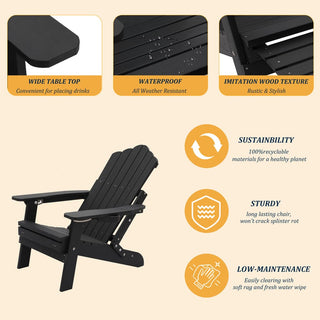 Navy Blue & Black Folding Plastic Adirondack Chair with Pull-Out Ottoman & Cup Holder for Outdoor Patio