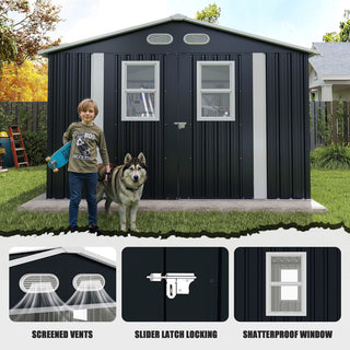 8x8 Ft Outdoor Storage Shed with Protective Coating, 4 Daylight Windows & Lockable Doors, Dual Color Options White/Dark Gray