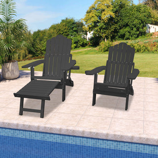 Navy Blue & Black Folding Plastic Adirondack Chair with Pull-Out Ottoman & Cup Holder for Outdoor Patio