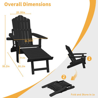 Navy Blue & Black Folding Plastic Adirondack Chair with Pull-Out Ottoman & Cup Holder for Outdoor Patio