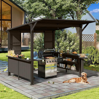 9x10FT Grill Gazebo Hardtop, Metal BBQ Gazebo with Storage Shelves and Expansion Platform, Heavy Duty Grill Canopy with Sloped Roof for Patio