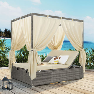 Adjustable Outdoor Sun Lounger with Canopy, Multi-Position Recliner & Removable Cushion, 3 Colors Patio Pool Garden Chaise Lounge Chair