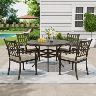 5-Piece Outdoor Cast Aluminum Dining Set with 48" Round Table & Cushioned Chairs – Weather-Resistant Patio Furniture