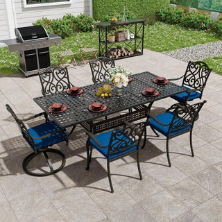 7-Piece Outdoor Cast Aluminum Dining Set with Extendable Rectangular Table & Cushioned Chairs – Weather-Resistant Patio Furniture